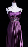 Ndyad Spaghetti Strap Sheath Long Prom Dresses with Pleats Vintage Dark Purple Formal Dresses HZ1024
