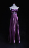 Ndyad Spaghetti Strap Sheath Long Prom Dresses with Pleats Vintage Dark Purple Formal Dresses HZ1024