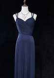 Ndyad V-neck Sheath Long Prom Dresses Vintage Navy Blue Open Back Formal Dresses HZ1024