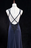 Ndyad V-neck Sheath Long Prom Dresses Vintage Navy Blue Open Back Formal Dresses HZ1024