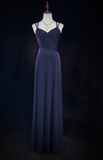 Ndyad V-neck Sheath Long Prom Dresses Vintage Navy Blue Open Back Formal Dresses HZ1024