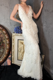 Ndyad V-neck Sheath Long Prom Dresses Lace Beading White Formal Dresses HZ1024