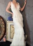 Ndyad V-neck Sheath Long Prom Dresses Lace Beading White Formal Dresses HZ1024