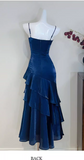Ndyad Spaghetti Strap Sheath Blue Long Prom Dresses with Ruffles, Satin Blue Formal Dresses HZ1024
