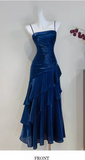 Ndyad Spaghetti Strap Sheath Blue Long Prom Dresses with Ruffles, Satin Blue Formal Dresses HZ1024