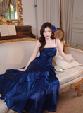 Ndyad Spaghetti Strap Sheath Blue Long Prom Dresses with Ruffles, Satin Blue Formal Dresses HZ1024