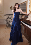 Ndyad Spaghetti Strap Sheath Blue Long Prom Dresses with Ruffles, Satin Blue Formal Dresses HZ1024