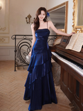 Ndyad Spaghetti Strap Sheath Blue Long Prom Dresses with Ruffles, Satin Blue Formal Dresses HZ1024