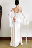 Ndyad Bodycon Spaghetti Strap White Long Prom Dresses, Chiffon White Formal Dresses HZ1024