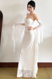 Ndyad Bodycon Spaghetti Strap White Long Prom Dresses, Chiffon White Formal Dresses HZ1024