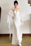 Ndyad Bodycon Spaghetti Strap White Long Prom Dresses, Chiffon White Formal Dresses HZ1024