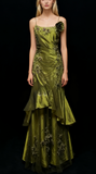 Ndyad Mermaid Spaghetti Strap Dark Green Long Prom Dresses Satin Beaded Evening Gowns Dark Green Formal Dresses HZ1024
