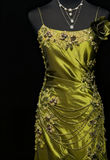 Ndyad Mermaid Spaghetti Strap Dark Green Long Prom Dresses Satin Beaded Evening Gowns Dark Green Formal Dresses HZ1024