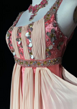 Ndyad Sheath Strap Pink Long Prom Dresses, Chiffon Beaded Evening Gowns Pink Formal Dresses HZ1024