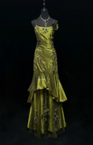Ndyad Mermaid Spaghetti Strap Dark Green Long Prom Dresses Satin Beaded Evening Gowns Dark Green Formal Dresses HZ1024