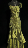Ndyad Mermaid Spaghetti Strap Dark Green Long Prom Dresses Satin Beaded Evening Gowns Dark Green Formal Dresses HZ1024