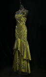 Ndyad Mermaid Spaghetti Strap Dark Green Long Prom Dresses Satin Beaded Evening Gowns Dark Green Formal Dresses HZ1024
