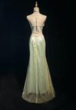 Ndyad Mermaid V-neck Light Green Long Prom Dresses Chiffon Beaded Evening Gowns Light Green Formal Dresses HZ1024