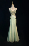 Ndyad Mermaid V-neck Light Green Long Prom Dresses Chiffon Beaded Evening Gowns Light Green Formal Dresses HZ1024