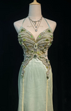 Ndyad Mermaid V-neck Light Green Long Prom Dresses Chiffon Beaded Evening Gowns Light Green Formal Dresses HZ1024
