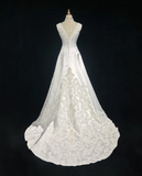 Ndyad Jewel A-Line Long Wedding Dresses, Satin Beaded Applique Bridal Dresses White Bridal Gowns HZ1024