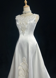 Ndyad Jewel A-Line Long Wedding Dresses, Satin Beaded Applique Bridal Dresses White Bridal Gowns HZ1024