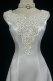 Ndyad Jewel A-Line Long Wedding Dresses, Satin Beaded Applique Bridal Dresses White Bridal Gowns HZ1024