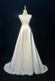Ndyad Jewel A-Line Long Wedding Dresses, Satin Beaded Applique Bridal Dresses White Bridal Gowns HZ1024