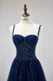 Ndyad Spaghetti Strap A-Line Dark Blue Long Prom Dresses Dark Blue Formal Dresses Tulle Sequin Birthday Evening Dresses HZ1024