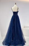 Ndyad Spaghetti Strap A-Line Dark Blue Long Prom Dresses Dark Blue Formal Dresses Tulle Sequin Birthday Evening Dresses HZ1024