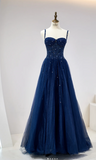 Ndyad Spaghetti Strap A-Line Dark Blue Long Prom Dresses Dark Blue Formal Dresses Tulle Sequin Birthday Evening Dresses HZ1024