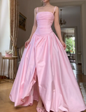 Ndyad Spaghetti Strap A-Line Pink Long Prom Dresses with Slit Satin Pink Formal Dresses HZ1024