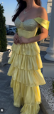 Ndyad Sheath Long Prom Dresses Tiered Satin Yellow Formal Dresses Off-the-shoulder Party Dresses HZ1024