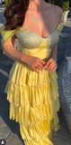 Ndyad Sheath Long Prom Dresses Tiered Satin Yellow Formal Dresses Off-the-shoulder Party Dresses HZ1024