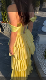 Ndyad Sheath Long Prom Dresses Tiered Satin Yellow Formal Dresses Off-the-shoulder Party Dresses HZ1024