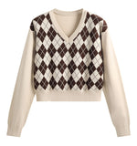 Ndyad retro diamond long-sleeved short sweater HZ1024