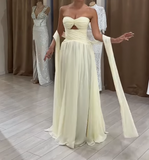 Ndyad Sweetheart Neck Sheath Pale Yellow Wedding Guest Dresses Chiffon Pale Yellow Evening Gowns HZ1024