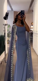Ndyad Bodycon Wedding Guest Dresses Satin Long Sleeve Grey Blue Evening Gowns HZ1024