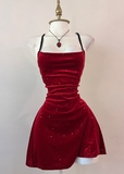Ndyad Halter Sheath Short Prom Dresses Sleeveless Velvet Burgundy Birthday Dresses Christmas Dresses HZ1024