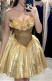 Ndyad Strapless A-line Short Prom Dresses Tulle Gold Homecoming Dresses HZ1024