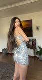 Ndyad Sheath Short Prom Dresses Silver Homecoming Dresses Sparkly Sequins Open Back Birthday Dresses HZ1024