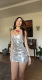 Ndyad Sheath Short Prom Dresses Silver Homecoming Dresses Sparkly Sequins Open Back Birthday Dresses HZ1024