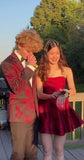 Ndyad Strapless A-Line Short Prom Dresses Satin Burgundy Homecoming Dresses HZ1024