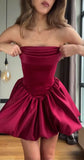 Ndyad A-Line Short Prom Dresses Satin Burgundy Homecoming Dresses Strapless Birthday Dresses HZ1024