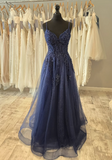 Ndyad Spaghetti Strap A-Line Long Prom Dresses Beaded Tulle Navy Blue Evening Gowns HZ1024
