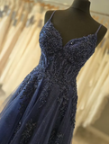 Ndyad Spaghetti Strap A-Line Long Prom Dresses Beaded Tulle Navy Blue Evening Gowns HZ1024