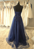 Ndyad Spaghetti Strap A-Line Long Prom Dresses Beaded Tulle Navy Blue Evening Gowns HZ1024