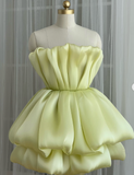 Ndyad Strapless A-Line Short Prom Dresses Satin Yellow Homecoming Dresses HZ1024