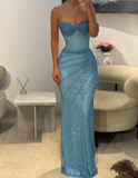 Ndyad Sweetheart Sheath Long Prom Dresses Mesh Blue Evening Dresses HZ1024