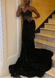 Ndyad Sweetheart Mermaid Long Prom Dresses Sequined Black Evening Dresses HZ1024